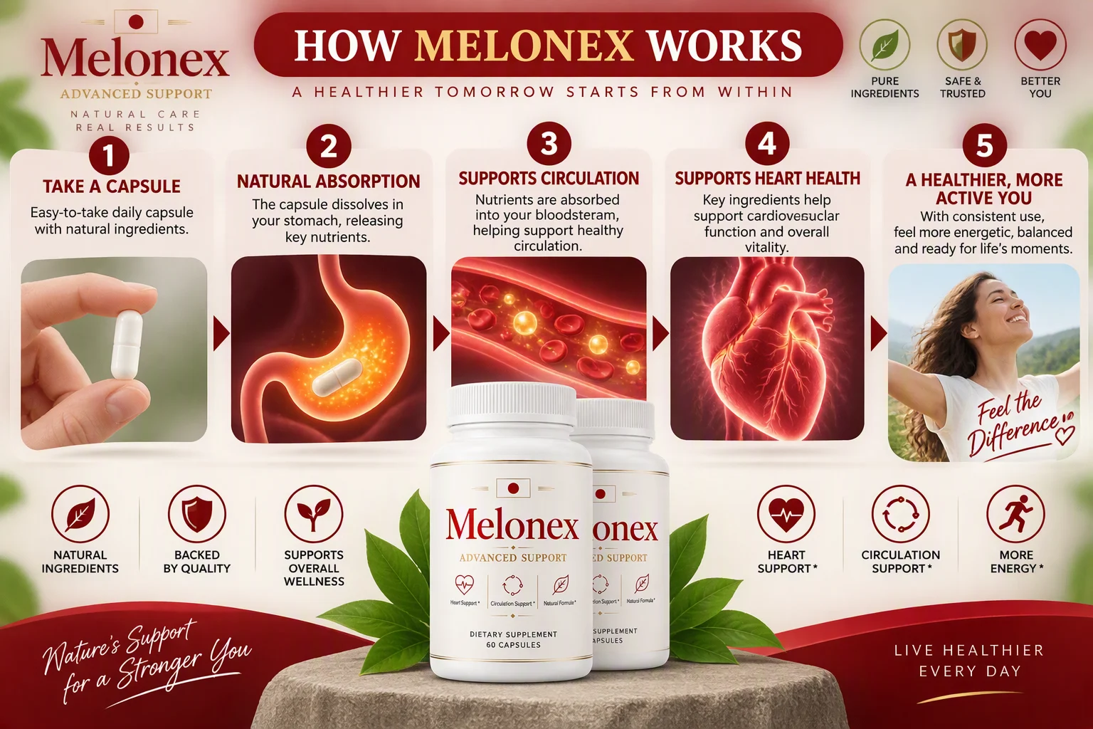 How Melonex works — take a capsule, natural absorption, supports circulation, supports heart health, a healthier more active you